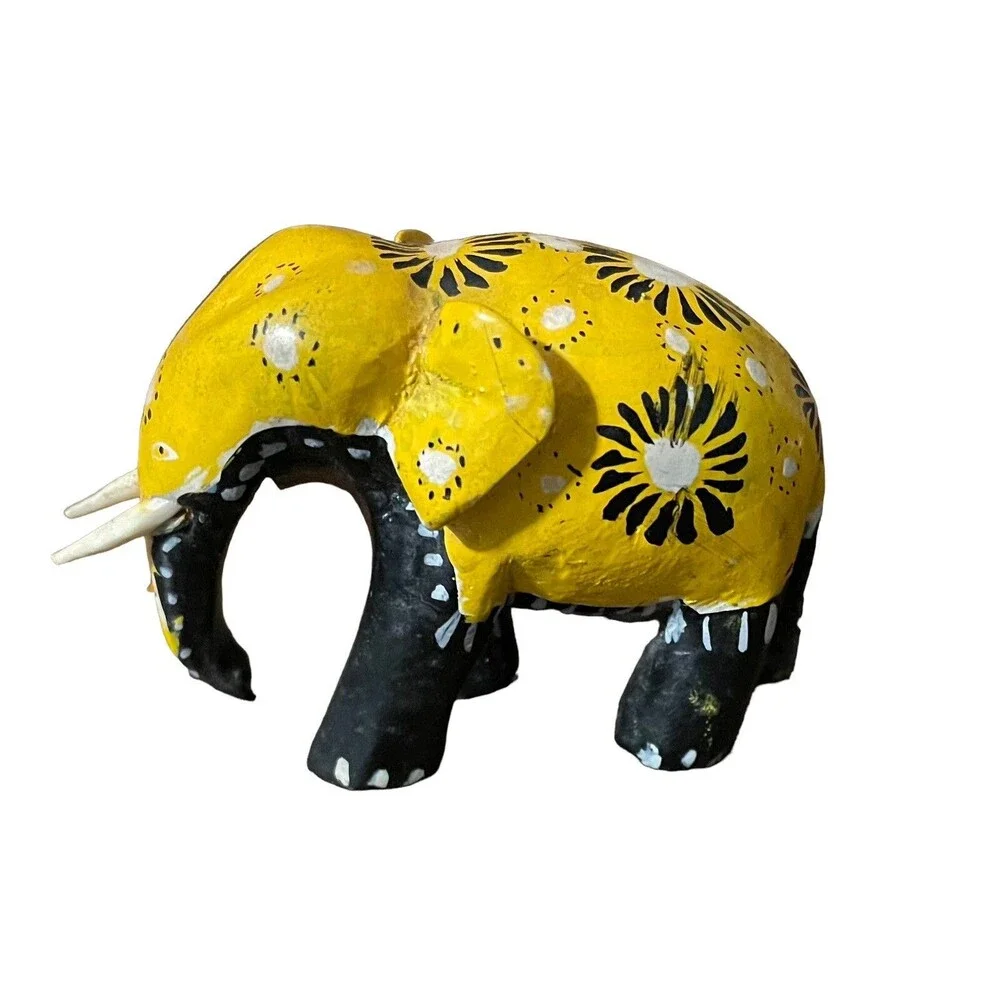 Vintage Hand Carved Hand Painted Elephant Yellow Black White 2” x 3” Wood Figure